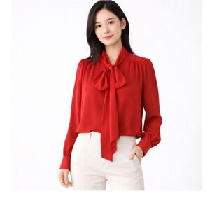 Eva‎ Mendes New York & Co Red Bow Blouse Tie Neck Sheer S Soft Femininity 79-47